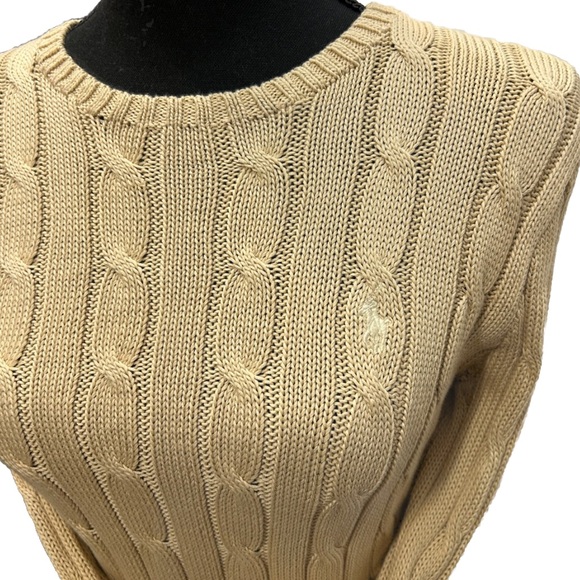 RALPH LAUREN Cable Knit Pullover Sweater Tan Pima Cotton Fitted Top Like New! - Picture 2 of 12